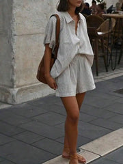 Hnewly Womens Casual Linen Look Striped 2 Piece Set Collared Short Sleeve Buttoned Blouse And Elastic Waist Shorts