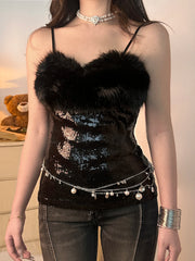 Hnewly club outfits Y2k Baddie Sequin Spliced Faux Collar Women’s Tanks Sleeveless Solid Slim Fit Fashion Sexy Gyaru Camisole