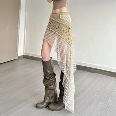 Hnewly Bohemian Vintage Embroidery Knitted Skirts Summer Lace Patchwork Skirt for Women New Slim Fit Bodycon Faldas Mujer