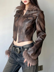 Hnewly winter club outfits Streetwear Faux Collar Women Moto Style Jackets Autumn Long Sleeve Fashion Chic Design Short Leather Coat