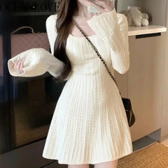 Hnewly Knitted Women Dresses Solid Autumn Winter A-line Chic Mini Dress Korean Fashion Elegant Versatile Vestidos Mujer