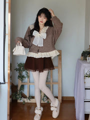 Hnewly BACK TO SCHOOL OUTFIT Kawaii Ruffles Knitted Cardigan Women Winter Bow Japanese Lace Warm Sweet Sweater Female Single-breasted Korean Casual Tops