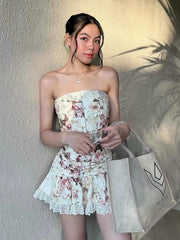 Hnewly Flower Print 2-Piece Set Women Y2K Single-Breasted Metal Buckle Wrap Top+Lace Folds Hem Skirt Sweet Matching Suits