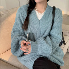Hnewly Autumn Winter Harajuku Women Sweater Cute Oversized Knitted Pullover Korean Long Sleeve V Neck Sweater Preppy Solid Loose Jumper