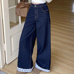 Hnewly Chic Dark-Blue Patchwork Jeans for Women Korean Letter Bowknot Embroidery Jeans Woman Spring Autumn High Waist Pants Female