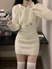 Hnewly Hooded Knitted Dress for Women Sweater Bottoming Short Skirt