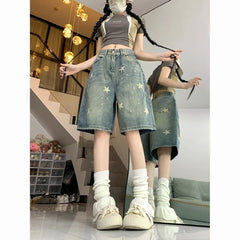 Hnewly American Retro Washed Vintage Star Denim Shorts Y2k Straight Loose Wide Leg Pants New All-match Five-point Pants