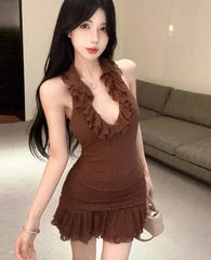 Hnewly Woman Dress Sleeveless Halter Sexy Elegant Ruffles Patchwork Backless Slim Party Mini Dresses Female Fashion Club