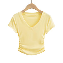 Hnewly Summer sexy t shirts for women short sleeve tees black korean fashion t shirt v neck top pink ruched white crop top y2k fashion