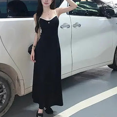 Hnewly Women's A-Line Stripe Slim Fit Long Skirt Summer Fashion Casual Style Polyester Fiber No Sleeve Sweet Style Midi Dress