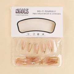Hnewly 24Pcs French Gold Edge Wearable Almond Press on Fake Nails Simple Pearl Decoration False Nails with Glue Full Over Manicure Tips