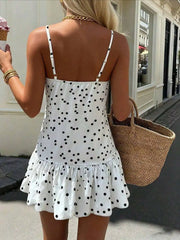 Hnewly Womens White Polka Dot V-Neck Sleeveless Mini Dress With Ruched Detail And Tiered Hem