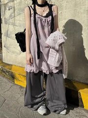 Hnewly Harajuku Japanese Style Tank Tops Women Vintage Polka Dot Ruffle Sleeveless Mesh Dress Sexy See-through Layered Wear