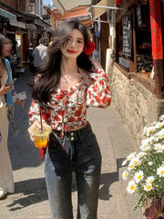 Hnewly Summer French Vintage Vest Office Lady Y2k Crop Top Women Design Casual Sexy V-Neck Sexy Floral Blouse Outwear Korean