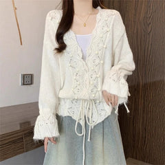 Hnewly Japanese Style Hollow Cardigan Women Chic V-Neck Single Breasted Knitted Cardigan Woman Loose Drawstring Outwear Female