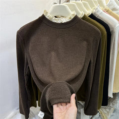 Hnewly Lace Patchwork Half High Collar T-shirt Women's Autumn Winter New Slim Fit Plush Warm Top Korean Commuting Versatile Pullover