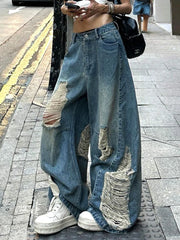Hnewly Women Hole Y2K Jeans Streetwear Sexy Low Waist Retro American Denim Pants Loose Pockets Vintage Bf Wide Leg Trousers Fall