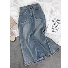 Hnewly Split High Waisted Denim Skirt Versatile Mid Length Jeans Skirt Women Autumn Light Color Fashionable Double Pocket Skirt
