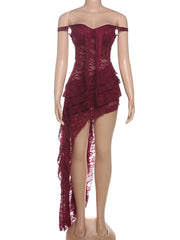 Hnewly Lace Emboridered Women Dresses Sexy Hot Sheer Off Shoulder Irregular Backless Bandage Vestidos Female Coquette Clubwear
