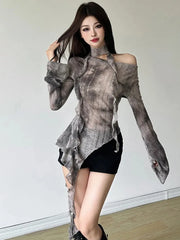 Hnewly Tie Dye Y2K T Shirts Women Sexy Off Shoulder Slim Gothic Tops Streetwear Vintage Long Sleeve Lace Up Lady Slash Neck Tees