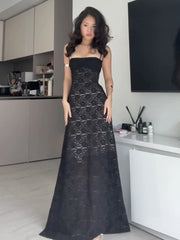 Hnewly See Through Dress Women Backless Sleeveless Cross Lace-Up Spaghetti Strap Sexy Flower Motif Midnight Club Vestidos