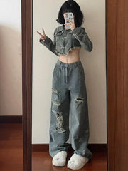 Hnewly rodeo outfits Harajuku Two Piece Sets Womens Outifits Long Sleeve Crop Jackets High Waist Hole Wide Leg Pants Suit Casual Fashion Y2k Set