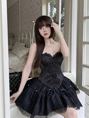 Hnewly DRESS TO IMPRESS Women Corset Top Tulle Tutu Underskirt 3-piece Set Lace-up Boned Tube Top Bow Stitch Puffy Mini Skirt Retro Black Suit