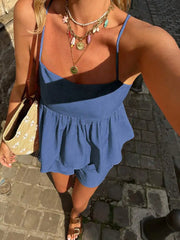 Hnewly Womens Casual Solid Color Ruffle Hem Camisole And Shorts Set Spring Summer Vacation Aqua Blue