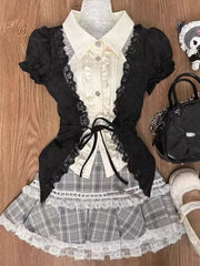 Hnewly American Vintage Suits Short Sleeve 2 Piece Set Women Retro Black Y2k Crop Top Blouse + High Waist Plaid Mini Skirt Kawaii Chic