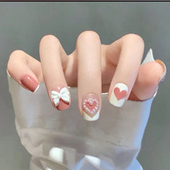 Hnewly 24P Pink Cute Short Square Head False Nails Art White 3D Bowknot Fake Nails with Pearl Rhinestones Full CoverPress on Nail Tips
