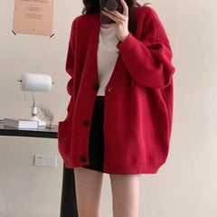 Hnewly Slouchy Knit Cardigan Sweater for Women Long Sleeve V-neck Comfy Button Up Sweater Jacket Female Autumn Winter Casual Outfit