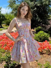 Hnewly Women's Elegant Dresses French Print Summer New 2025 Casual Slim Waist A-Line Square-Collar Pleated Spaghetti Strap Vestidos