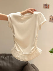 Hnewly Splicing Hem Short Sleeved T-Shirt For Women's Summer Temperament Pleated Top