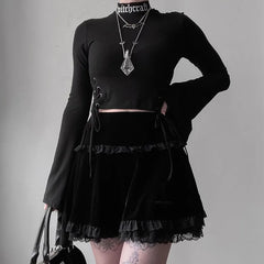 Hnewly Women Sexy Fashion Cross Summer Embroidery Black Gothic Style Casual Party Stylish Lace Trim Mini Skirts