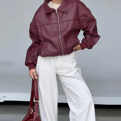 Hnewly Casual Women Turn-Down Collar Leather Jacket Loose Full Sleeve Zipper Solid Lady Jackets Autumn Fashion Female Streewear