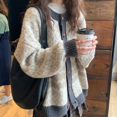 Hnewly WINTER OUTFITS Korean Style Vintage Knitted Cardigans Women Sweet Preppy Style Sweaters Elegant Long Sleeve Retro Patchwork Cardigan