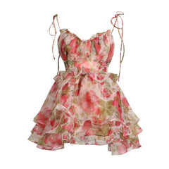 Hnewly Fashion Printed Dress Women's Sleeveless Bow Lace Up Waist Retraction A Line Dresses 2025 Summer New Tide