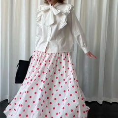 Hnewly Vintage Sweet Long Skirt Women Elegant Red Polka Dot Maxi Skirts Japanese Style Harajuku High Waist Loose Ruffle Skirts