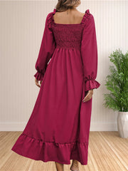 Hnewly Women's Boho Square Neck Smocked Long Puff Sleeve A Line Maxi Dress