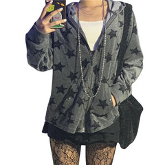Hnewly Gothic Sweatshirt Women Punk Style Star Pattern Zip Up Long Sleeve Hooded Tops with Pockets y2k Dark Academia Clothes