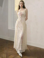 Hnewly Elegant Lace Patchwork Camis Dress Women Summer Sexy Backless Hollow Out Midi Dress Y2K Fashion Lace Up Streetwear Vestidos