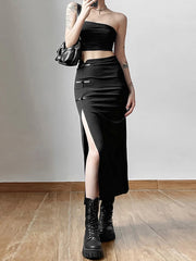 Hnewly Goth Dark Streetwear Black Y2k Cargo Midi Skirts Grunge Gothic Split Sexy High Waist Skirt For Women Korean Fashion Fall Bottoms