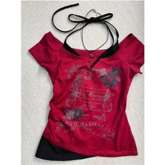 Hnewly Summer Fake Two Pieces Halter Bandage Vintage T-shirts Y2k Aesthetic Slim Crop Tops Women Grunge Print Harajuku Casual Sexy Tee