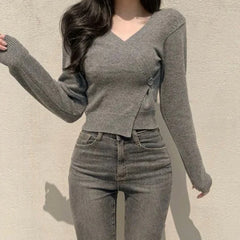 Hnewly y2k Sweaters Women Casual Solid Color V Neck Button Long Sleeve Crop Tops Cardigan Knitwear 2000s Clothing Streetwear