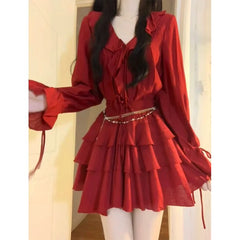 Hnewly DRESS TO IMPRESS Vintage V-neck Ruffles Long Sleeve Slim Fit Shirts Women+ Y2k High Waist Ruched A-line Skirts Spring New Two Piece Sets
