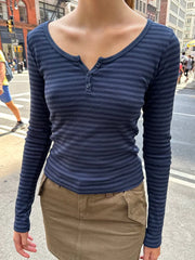 Hnewly American Vintage Stripes Long Sleeve T-shirts Women Spring Three Buttons O-Neck Cotton Top Female Vintage Y2k Streetwear Tees