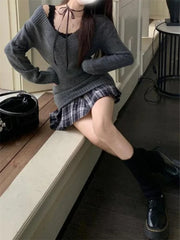 Hnewly Autumn Winter Woman French Style Sexy Ladies Vintage V-neck Sweater Gray Knitted Pullover Retro All Match Sweaters