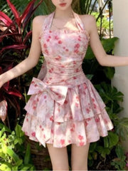 Lunivop Korean Retro Sweet Floral Halter Neck Dress Women Slim Bow Print Tiered Mini Dress Summer Fashion Popular Elegant Chic Outfits
