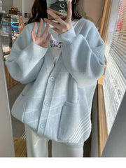 Hnewly FALL OUTFIT Autumn Winter Sweater Women's Cardigan Knitted Jacket Long Sleeve Top Loose V-neck Solid Korea Fashion Sweaters for Women