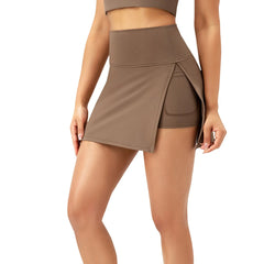 Hnewly High Waist Solid Color Side Slit Bilayer Sports Culottes Yoga Fitness Tennis Lining Anti Light Running Quick Drying Skirt